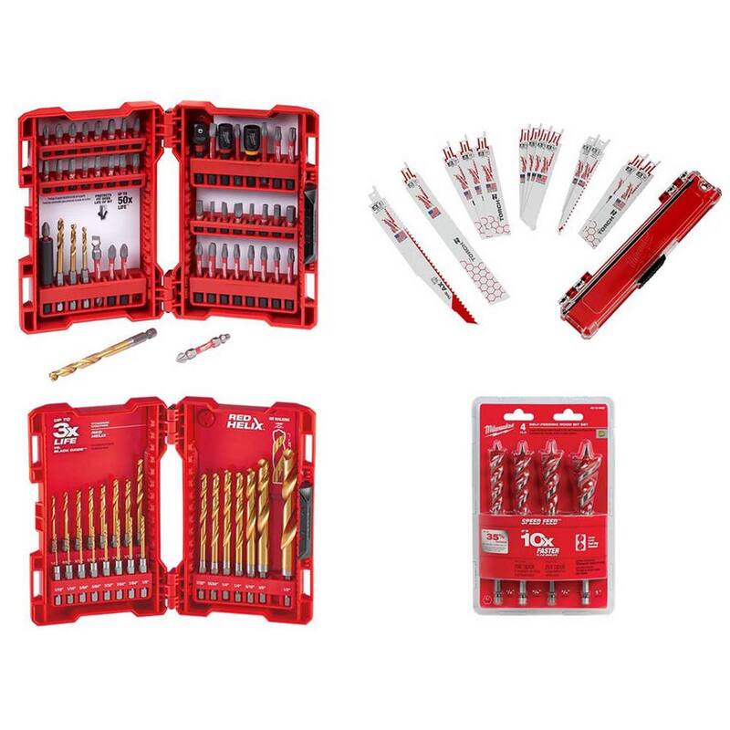 Set de puntas de destornillador de impacto SHOCKWAVE de Milwaukee con juego de brocas de titanio y juego de hojas para sierra reciproca y juego de brocas de pala (90 piezas) - 48-32-4024-4X