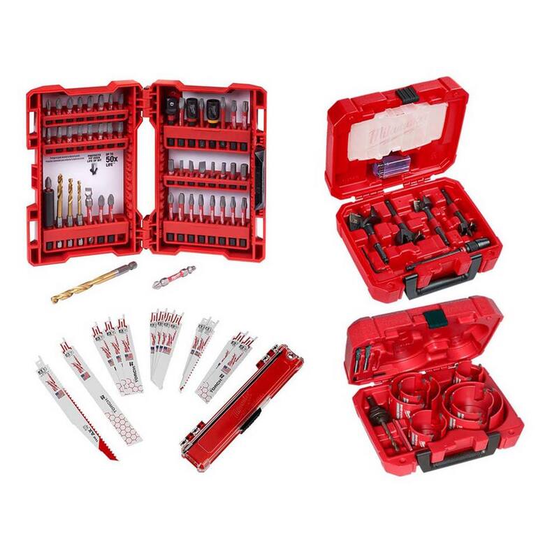 Juego de puntas de destornillador de impacto Milwaukee SHOCKWAVE con brocas Selfeed, sierra de agujero de carburo, hoja de sierra reciproca (78 piezas) - 48-32-4024-49-22-5100-49-56-9290-49-22-1