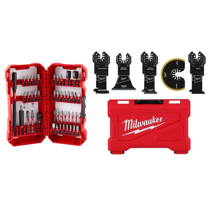 Set de puntas de destornillador de aleación de acero de impacto Milwaukee SHOCKWAVE (45 piezas) con kit de hojas de herramienta multi oscilante (8 piezas) - 48-32-4023-49-10-9212