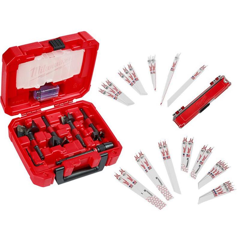 Juego de brocas autolimentadas SWITCHBLADE para plomeros de Milwaukee con juego de hojas de sierra recíproca de metal/bimetálicas SAWZALL para madera/metal (31 piezas) - 49-22-5100-49-22-1110-49-22-1216