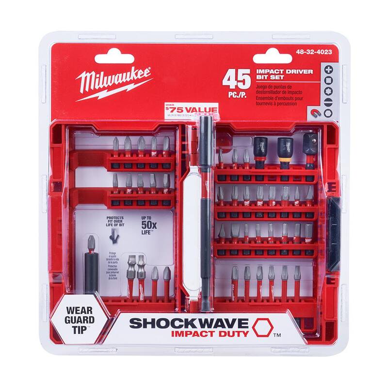 Juego de puntas de acero aleado de impacto Milwaukee SHOCKWAVE con kit de brocas más martillo de carburo para concreto/piedra (52 piezas) - 48-32-4023-48-20-9057