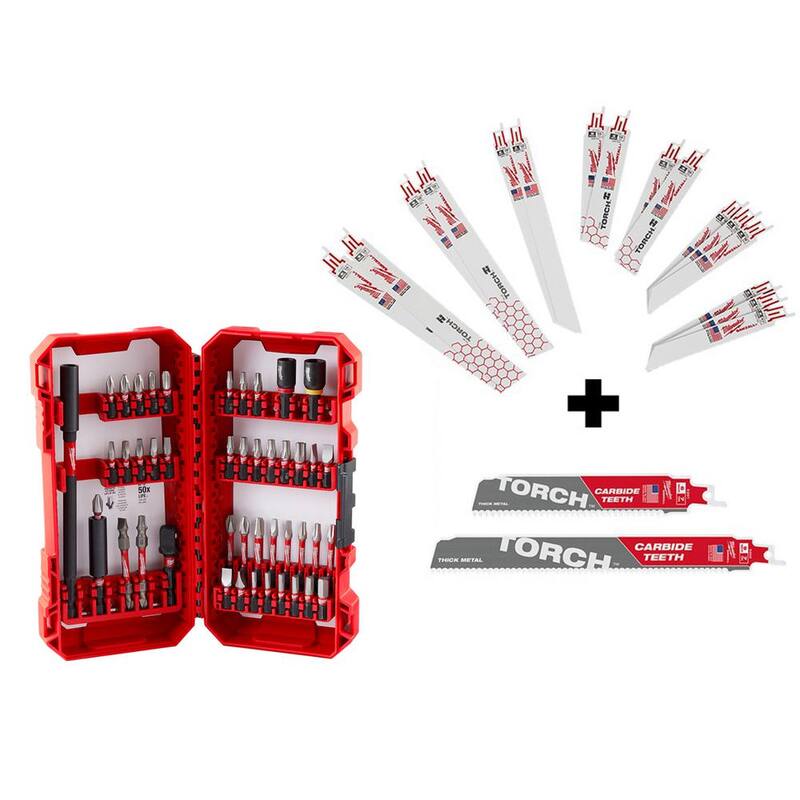 Juego de puntas de destornillador de acero aleado SHOCKWAVE de Milwaukee con juego de hojas de sierra reciproca bimetálica para corte de metal (63 piezas) - 48-32-4023-49-22-1216Y