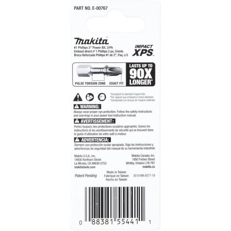 Makita Impact XPS #1 Phillips 2 in. Power Bit (paquete de 3) - E-00767