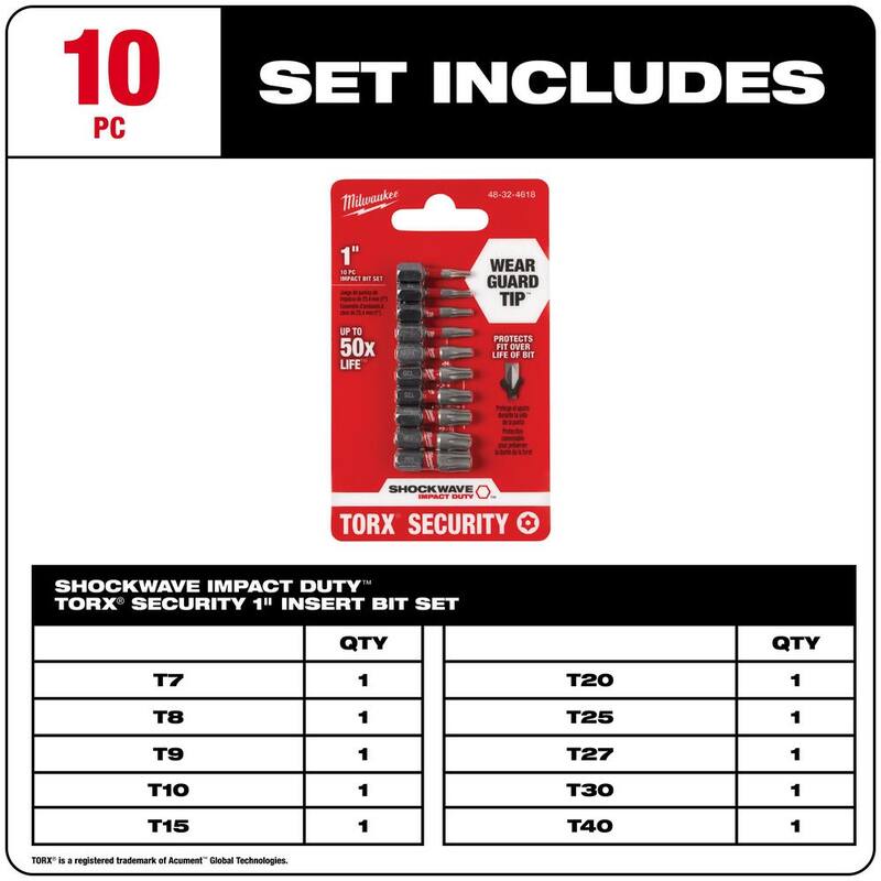 Juego de puntas de destornillador de seguridad Torx de aleación de acero Milwaukee SHOCKWAVE Impact Duty (10 piezas) - 48-32-4618