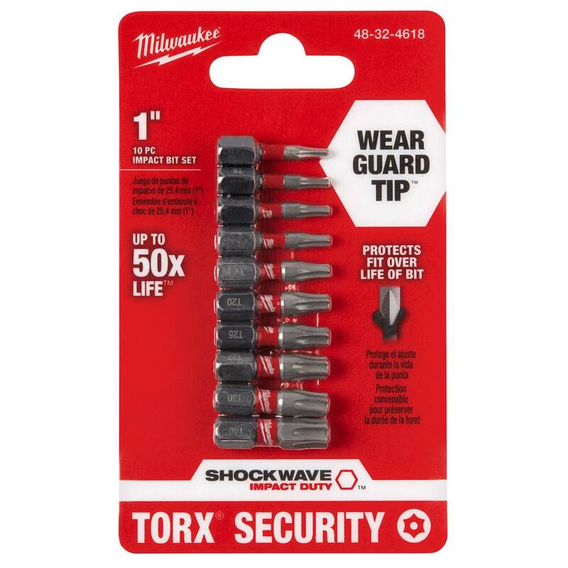 Juego de puntas de destornillador de seguridad Torx de aleación de acero Milwaukee SHOCKWAVE Impact Duty (10 piezas) - 48-32-4618