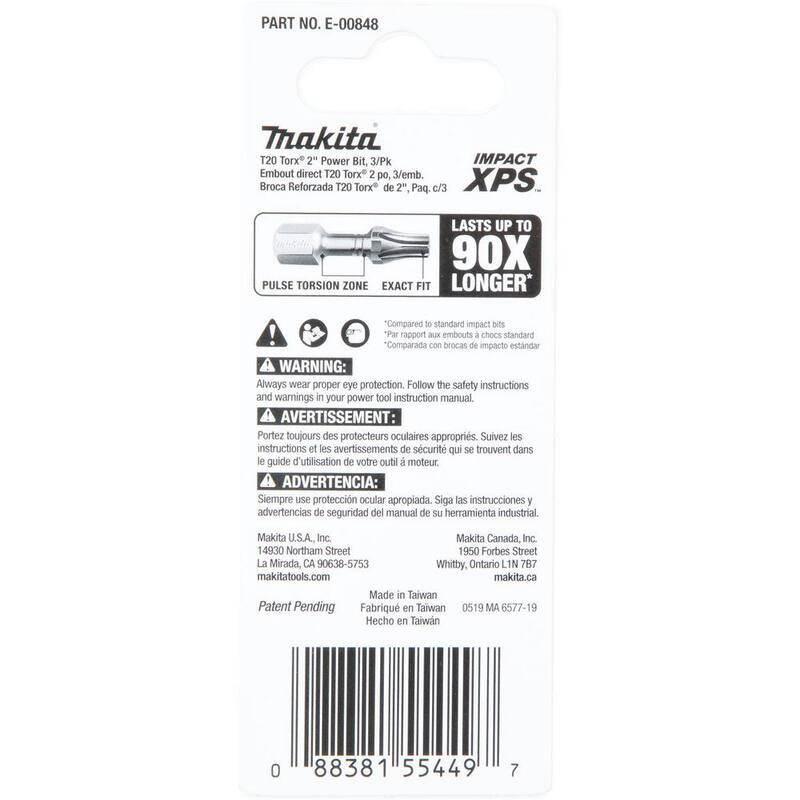 Makita Impact XPS T20 Torx 2 in. Power Bit (paquete de 3) - E-00848