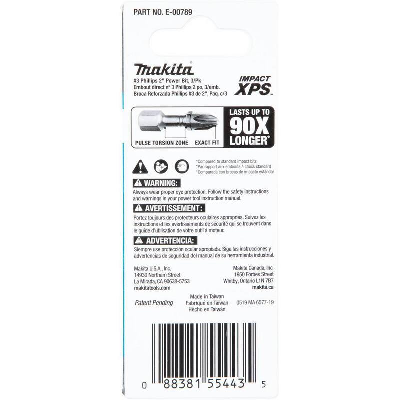Makita Impact XPS #3 Phillips 2 in. Power Bit (paquete de 3) - E-00789