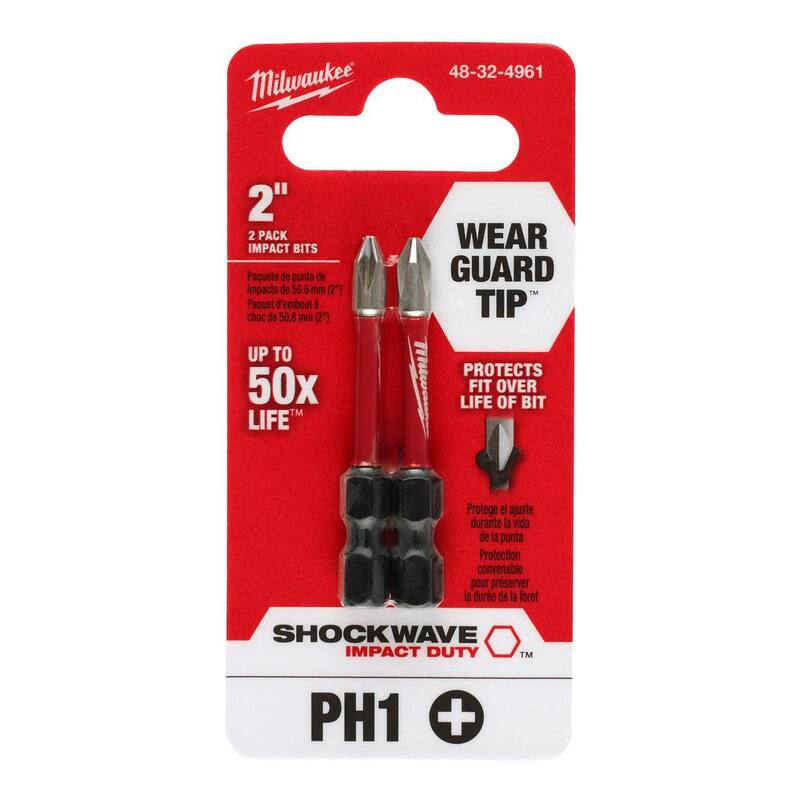 Punta de destornillador de acero aleado Phillips #1 de 2 pulgadas para trabajo de impacto Milwaukee SHOCKWAVE (paquete de 2) - 48-32-4961