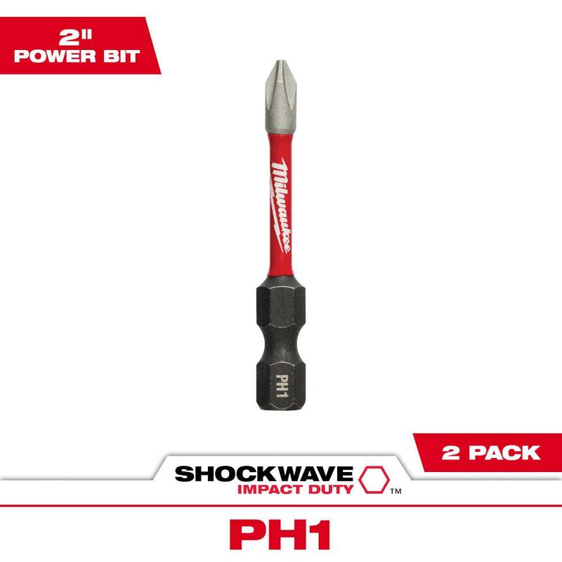 Punta de destornillador de acero aleado Phillips #1 de 2 pulgadas para trabajo de impacto Milwaukee SHOCKWAVE (paquete de 2) - 48-32-4961