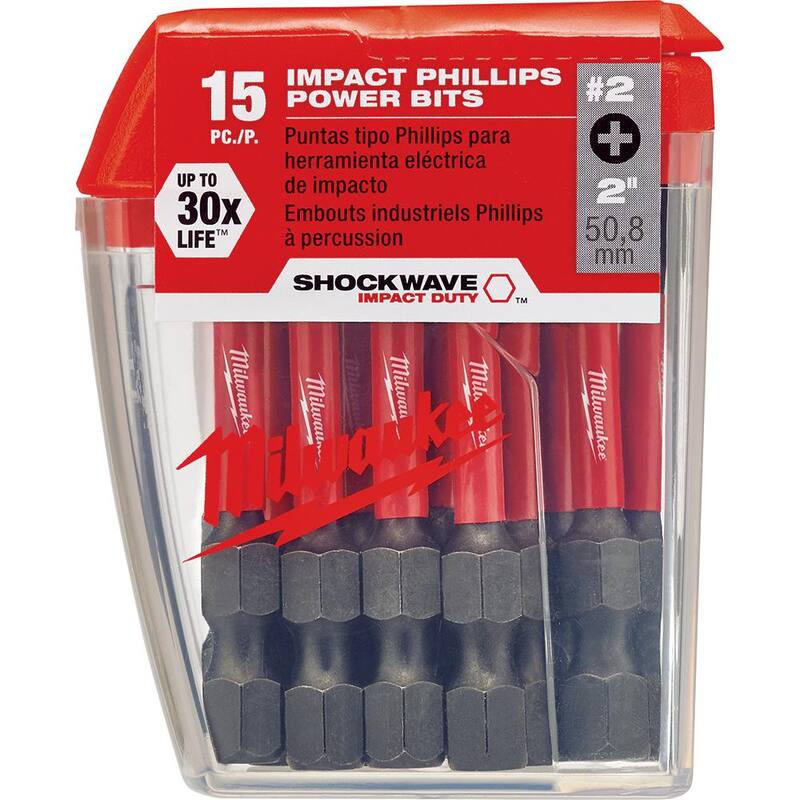 Juego de 60 puntas de destornillador de acero de aleación Phillips #2 de 2 pulgadas Impact Duty SHOCKWAVE de Milwaukee