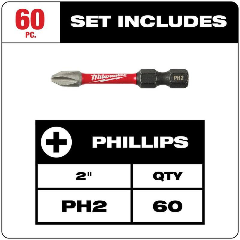 Juego de 60 puntas de destornillador de acero de aleación Phillips #2 de 2 pulgadas Impact Duty SHOCKWAVE de Milwaukee