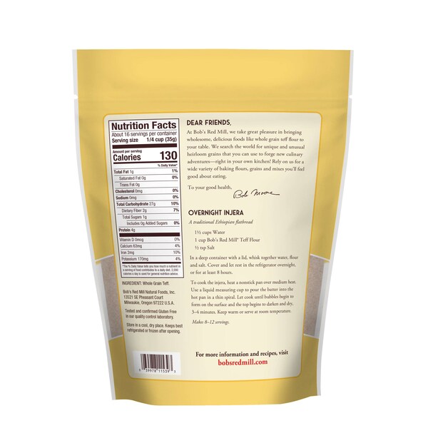 Bobs Red Mill Natural Foods Bob's Red Mill Whole Grain Teff Flour 20 oz. Resealable Pouches, PK4 - 1534S204