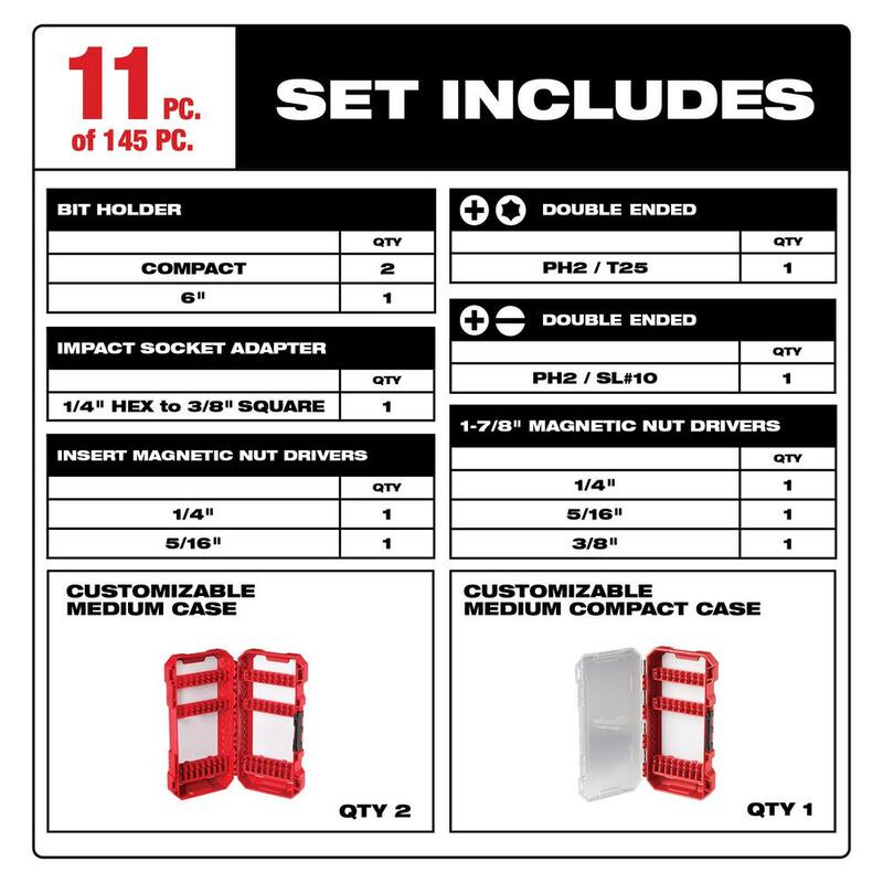 Juego de brocas y puntas de destornillador de acero aleado Milwaukee SHOCKWAVE Impact-Duty (145 piezas) - 48-32-5150-48-32-4023
