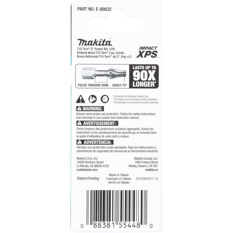 Makita IMPACT XPS T15 Torx 2 in. Power Bit (paquete de 3) - E-00832