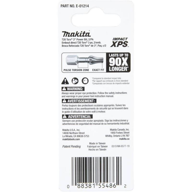 Makita IMPACT XPS T20 Torx 3 in. Power Bit (paquete de 2) - E-01214
