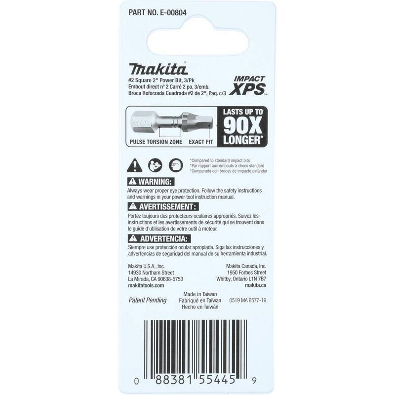 Makita Impact XPS #2 Square 2 in. Power Bit (paquete de 3) - E-00804.