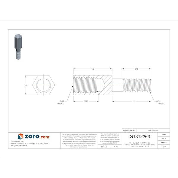 Zoro Select Hex Standoff, No. 8-32 Thrd Sz, 1/2 in L, 3/8 in Thrd L 18-8 Stainless Steel, Plain, 1/4" Hex, 10 PK - HMF204-832-SS