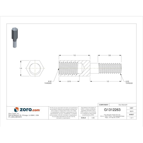 Zoro Select Hex Standoff, No. 8-32 Thrd Sz, 1/2 in L, 3/8 in Thrd L 18-8 Stainless Steel, Plain, 1/4" Hex, 10 PK - HMF204-832-SS