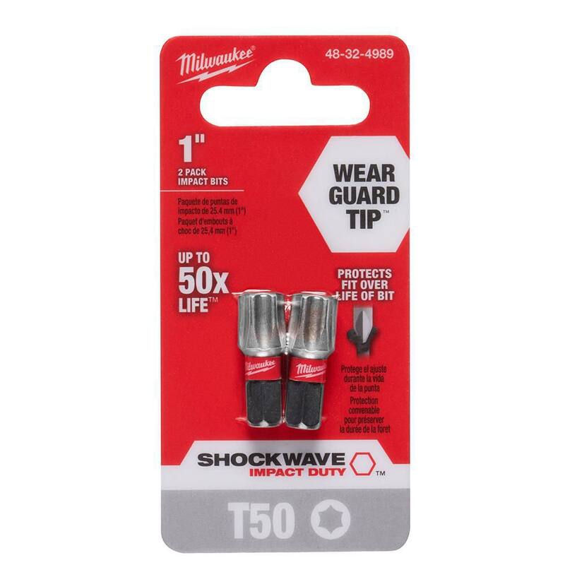 Punta de destornillador de acero de aleación Milwaukee SHOCKWAVE Impact Duty de 1 pulgada T50 (paquete de 2) - 48-32-4989.