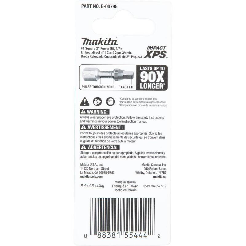 Makita Impact XPS #1 Square 2 in. Power Bit (paquete de 3) - E-00795