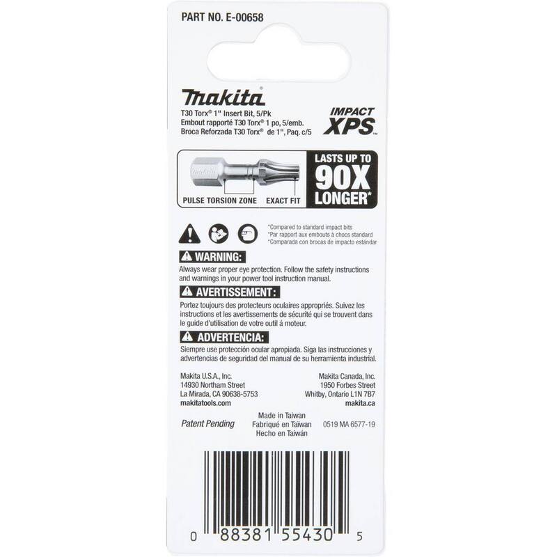 Insert Bit (paquete de 5) Torx 1 pulgada Makita IMPACT XPS T30 - E-00658