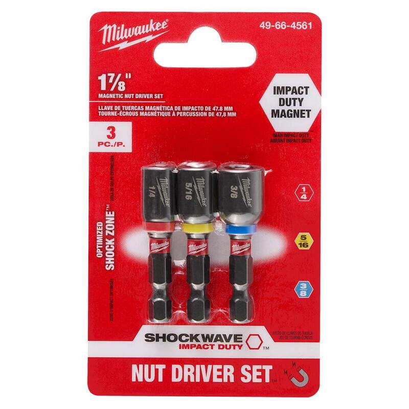 Set de 3 destornilladores magnéticos de acero de aleación para tuercas de impacto Milwaukee SHOCKWAVE de 1/4 pulg., 5/16 pulg. y 3/8 pulg. x 1-7/8 pulg. - 49-66-4561