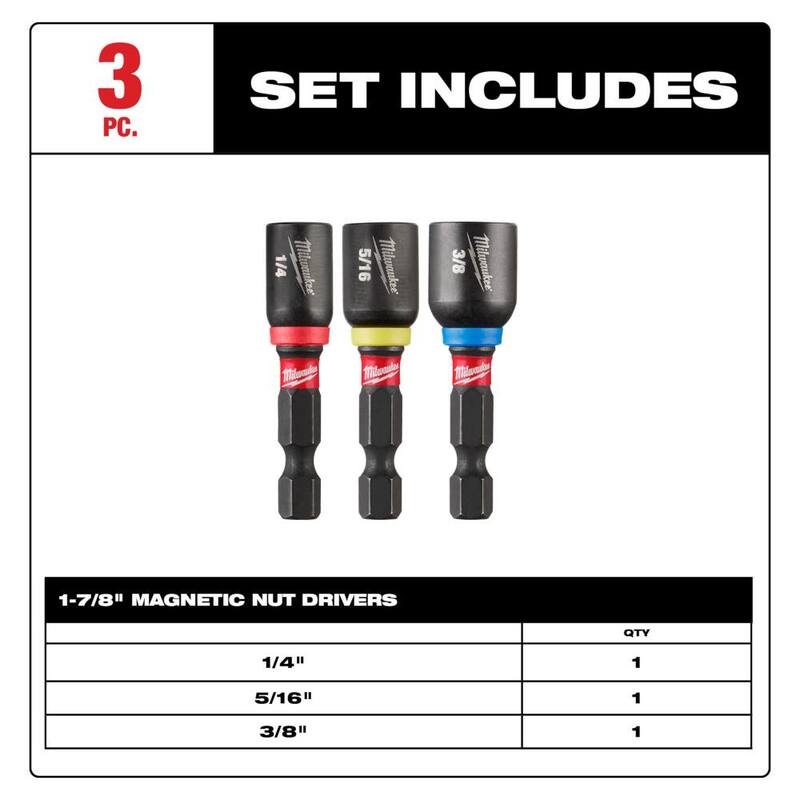 Set de 3 destornilladores magnéticos de acero de aleación para tuercas de impacto Milwaukee SHOCKWAVE de 1/4 pulg., 5/16 pulg. y 3/8 pulg. x 1-7/8 pulg. - 49-66-4561