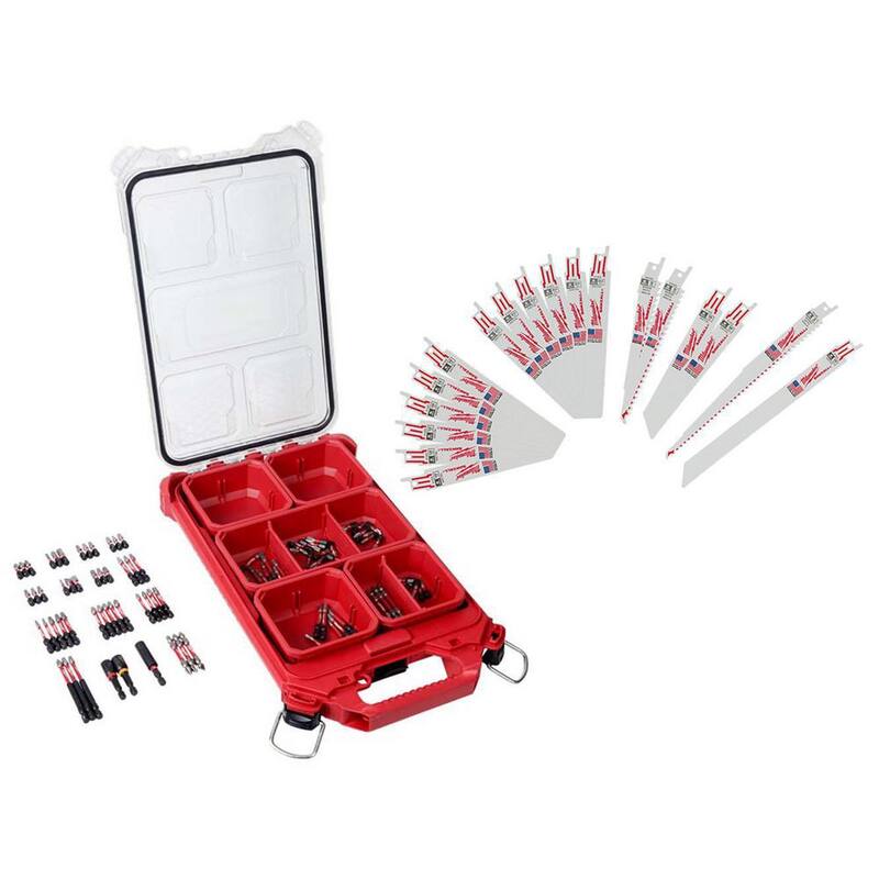 Juego de puntas de destornillador de acero de aleación Milwaukee SHOCKWAVE Impact Duty con estuche PACKOUT y juego de hojas de sierra recíproca (118 piezas) - 48-32-4082-49-22-1110F