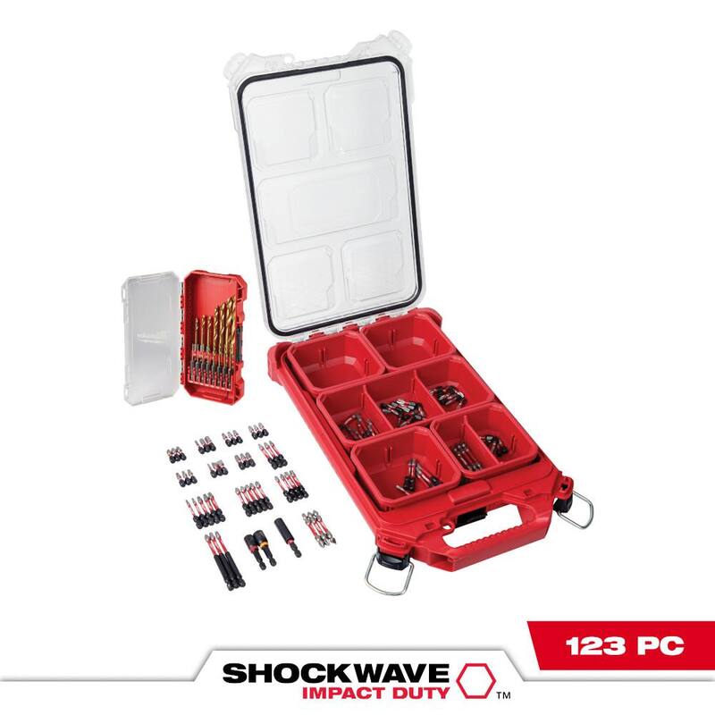 Set de puntas de destornillador de acero de aleación Milwaukee SHOCKWAVE con estuche PACKOUT y set de brocas de titanio (115 piezas) - 48-32-4082-48-89-4670.
