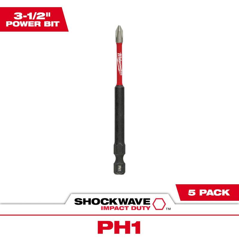 Milwaukee SHOCKWAVE Impact Duty 3-1/2 in. Phillips #1 Punta de Destornillador de Acero de Aleación (Paquete de 5) - 48-32-4565
