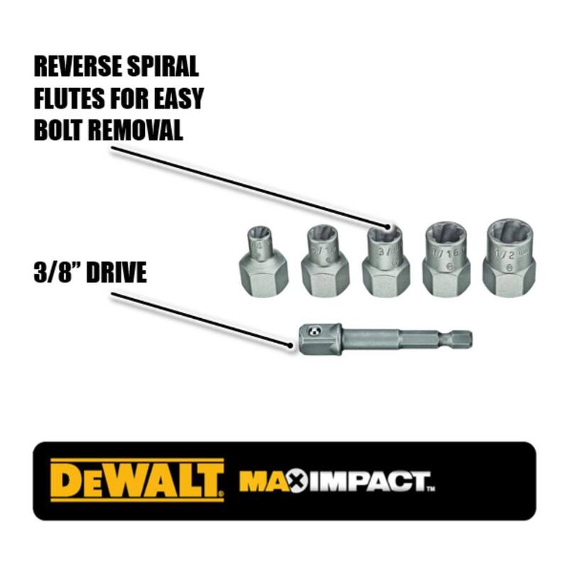Juego de puntas de vaso de acero al carbono DEWALT Max Impact de 3/8 pulgadas (6 piezas) con adaptador de 1/4 pulgadas y juego de extractores Max Impact (5 piezas) - DWASFSMI6XTRCT5