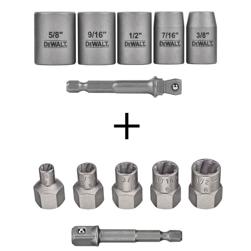 Juego de puntas de vaso de acero al carbono DEWALT Max Impact de 3/8 pulgadas (6 piezas) con adaptador de 1/4 pulgadas y juego de extractores Max Impact (5 piezas) - DWASFSMI6XTRCT5