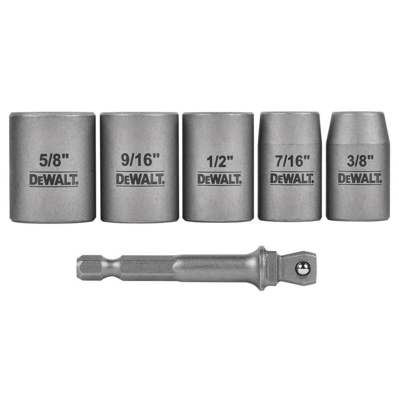 Juego de puntas de vaso de acero al carbono DEWALT Max Impact de 3/8 pulgadas (6 piezas) con adaptador de 1/4 pulgadas y juego de extractores Max Impact (5 piezas) - DWASFSMI6XTRCT5