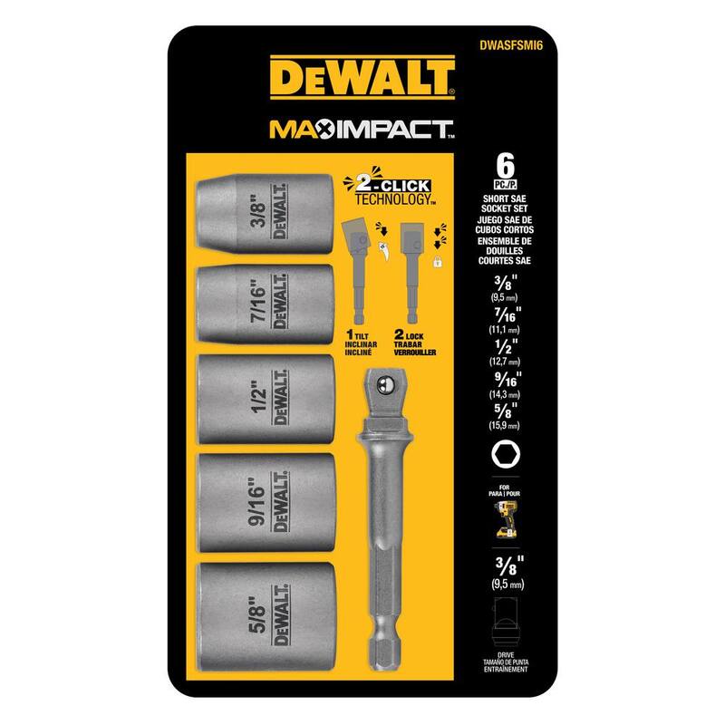 Juego de puntas de vaso de acero al carbono DEWALT Max Impact de 3/8 pulgadas (6 piezas) con adaptador de 1/4 pulgadas y juego de extractores Max Impact (5 piezas) - DWASFSMI6XTRCT5
