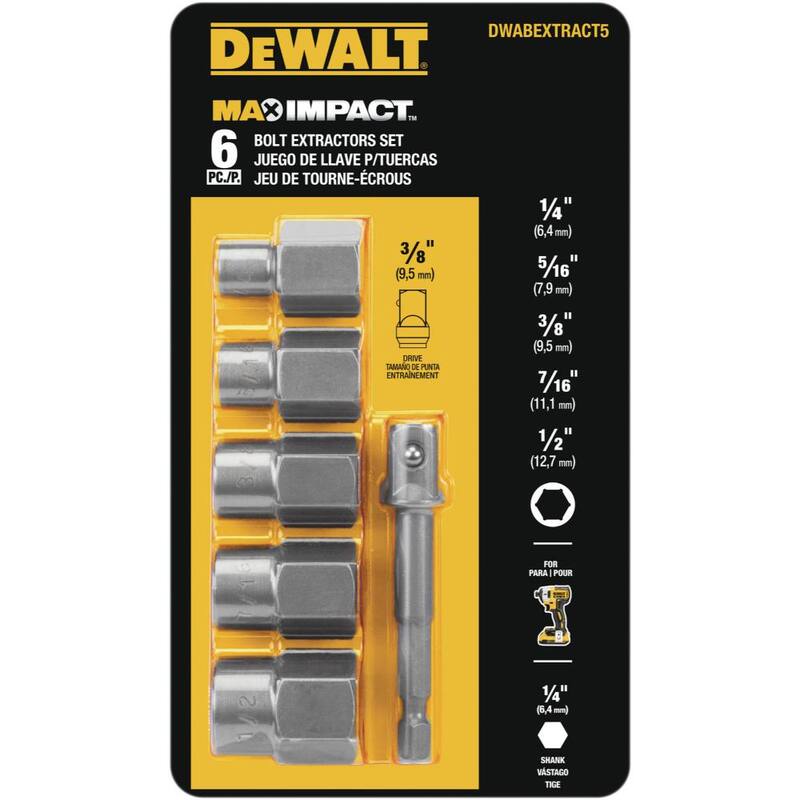 Juego de puntas de vaso de acero al carbono DEWALT Max Impact de 3/8 pulgadas (6 piezas) con adaptador de 1/4 pulgadas y juego de extractores Max Impact (5 piezas) - DWASFSMI6XTRCT5