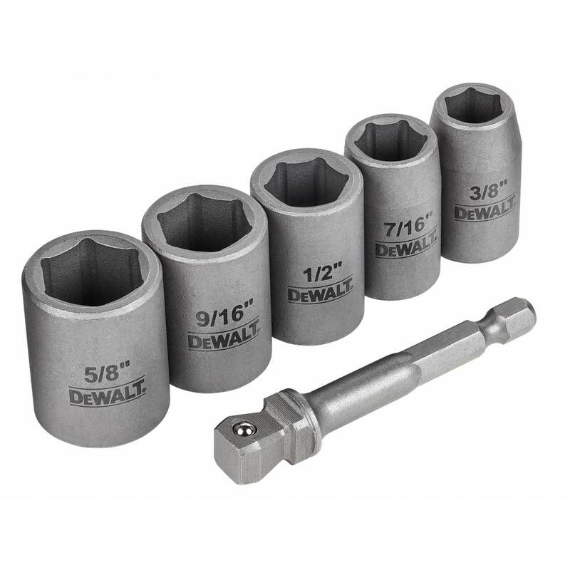 Juego de puntas de vaso de acero al carbono DEWALT Max Impact de 3/8 pulgadas (6 piezas) con adaptador de 1/4 pulgadas y juego de extractores Max Impact (5 piezas) - DWASFSMI6XTRCT5