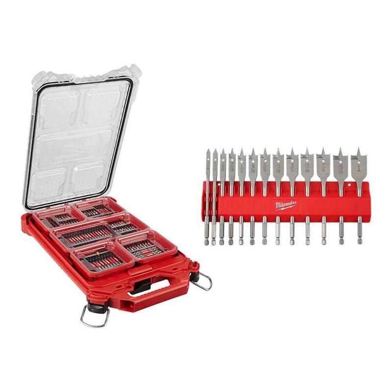 Set de puntas de destornillador de acero endurecido Milwaukee SHOCKWAVE Impact Duty con estuche PACKOUT con set de brocas de pala de madera de alta velocidad (113 piezas) - 48-32-4082-48-27-1520.