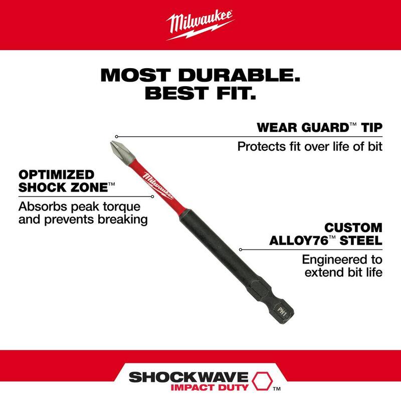 Broca destornilladora de acero de aleación Phillips #2 de impacto Milwaukee SHOCKWAVE de 3-1/2 pulgadas (1 paquete) - 48-32-4562