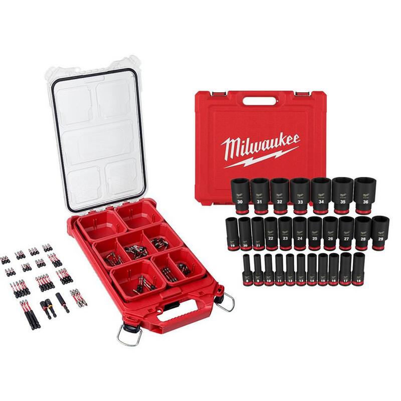 Juego de puntas para desarmador Milwaukee SHOCKWAVE con estuche PACKOUT y juego de dados de impacto de 1/2 pulgadas Drive SAE Deep Well (129 piezas) - 48-32-4082-49-66-7015.