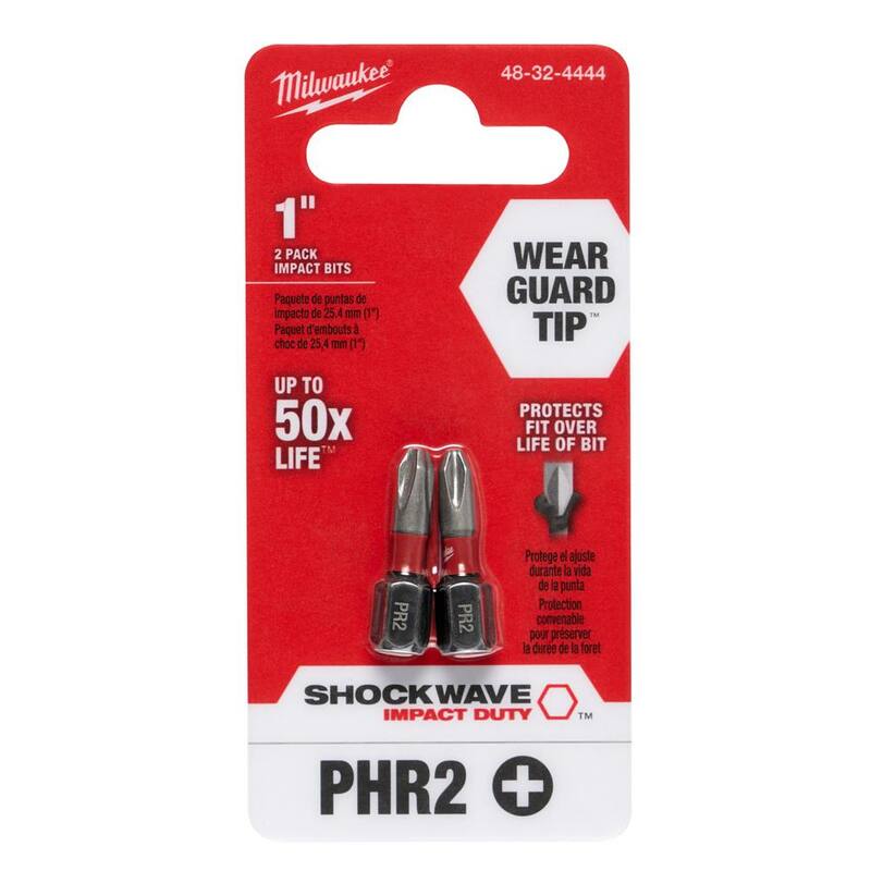 Milwaukee SHOCKWAVE Impact Duty 1 pulgada Phillips Reducido #2 Insertar Bit de Acero de Aleación (Paquete de 2) - 48-32-4444