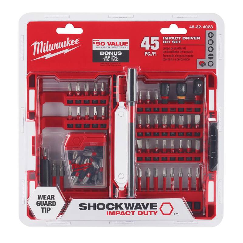 Set de puntas de destornillador de acero aleado Milwaukee SHOCKWAVE Impact Duty (70 piezas) con adaptador de taladro de ángulo recto - 48-32-4099-48-32-2390