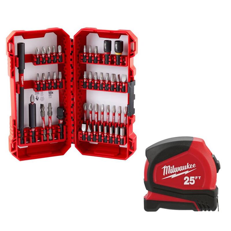 Set de puntas de destornillador de acero de aleación SHOCKWAVE Impact Duty de Milwaukee (45 piezas) con cinta métrica compacta de 25 pies - 48-32-4023-48-22-6625
