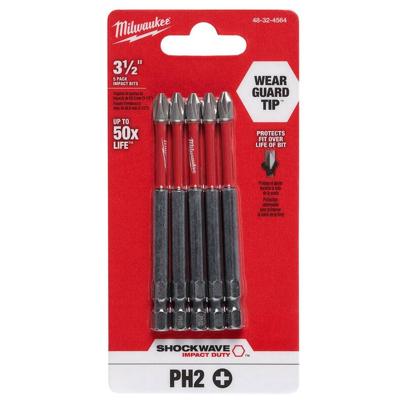 Punta de destornillador Phillips #2 de 3-1/2 pulgadas de Milwaukee SHOCKWAVE Impact Duty (paquete de 5) con adaptador de taladro de ángulo recto - 48-32-4564-48-32-2390