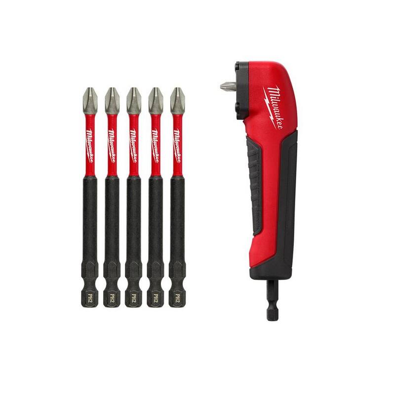 Punta de destornillador Phillips #2 de 3-1/2 pulgadas de Milwaukee SHOCKWAVE Impact Duty (paquete de 5) con adaptador de taladro de ángulo recto - 48-32-4564-48-32-2390