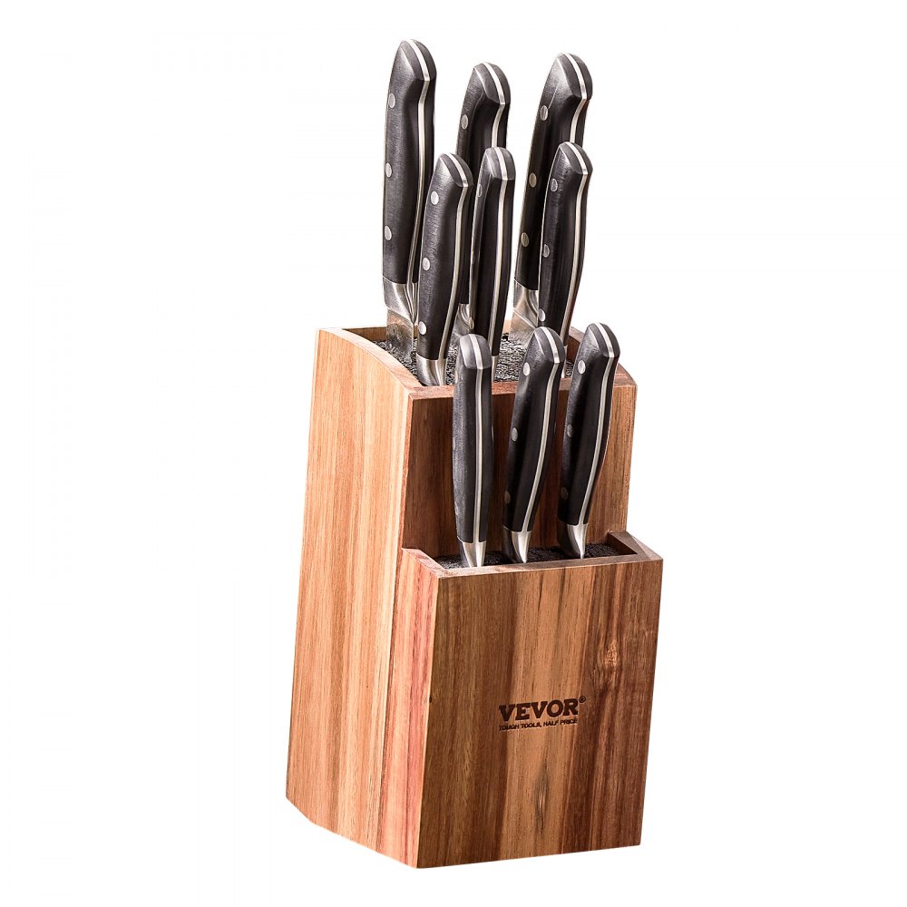 VEVOR Universal Knife Holder, Acacia Wood Knife Block Without Knives, Two-Tier Knife Storage Stand with PP Brush, Extra Large Multifunctional Wooden Knife Organizer, Knife Rack for Kitchen Counter - TYDJZSK00000A0C6ZV0