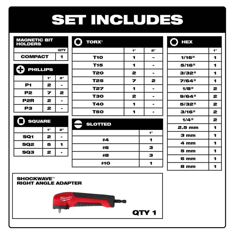 Juego de puntas de desarmador de aleación de acero SHOCKWAVE Impact-Duty de Milwaukee (72 piezas) con adaptador de taladro de ángulo recto - 48-32-4497-48-32-2390