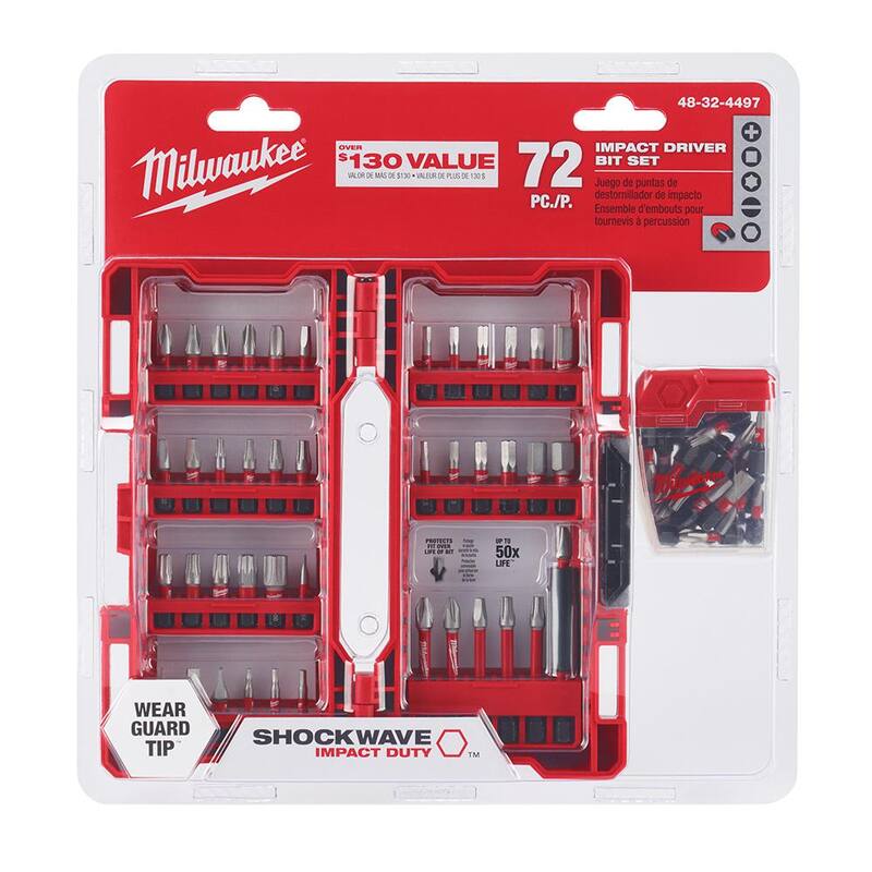 Juego de puntas de desarmador de aleación de acero SHOCKWAVE Impact-Duty de Milwaukee (72 piezas) con adaptador de taladro de ángulo recto - 48-32-4497-48-32-2390