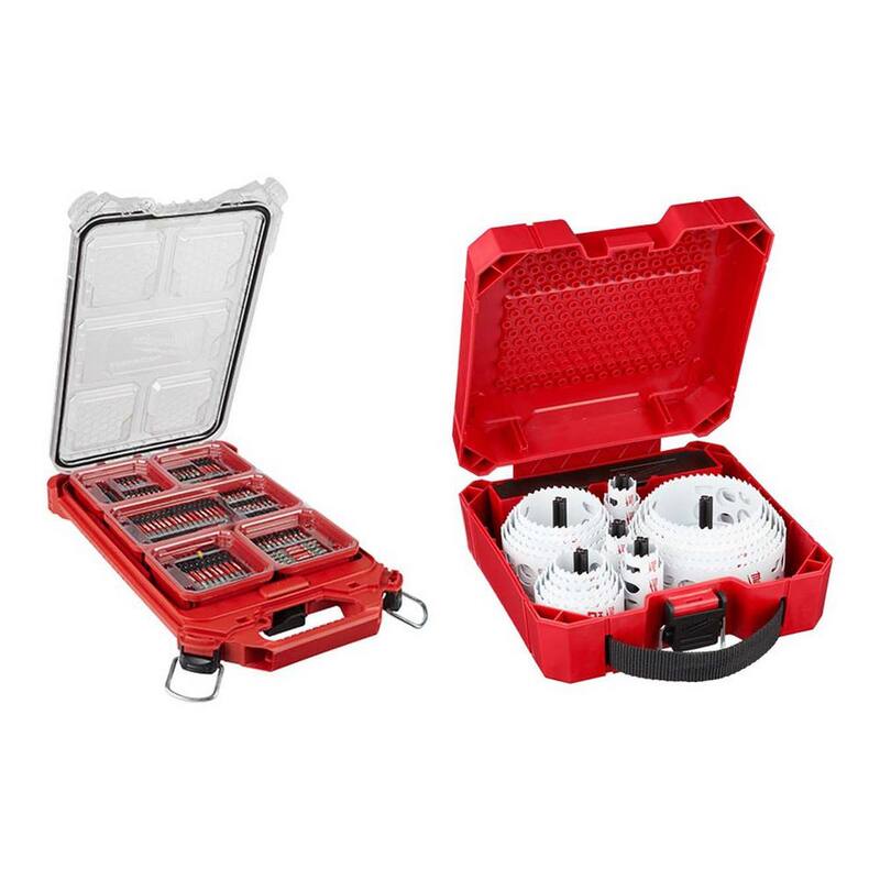 Set de puntas de destornillador de acero de aleación Milwaukee SHOCKWAVE Impact Duty con estuche PACKOUT y set de sierras de agujero bimetálicas Hole Dozer (128 piezas) - 48-32-4082-49-22-4185.