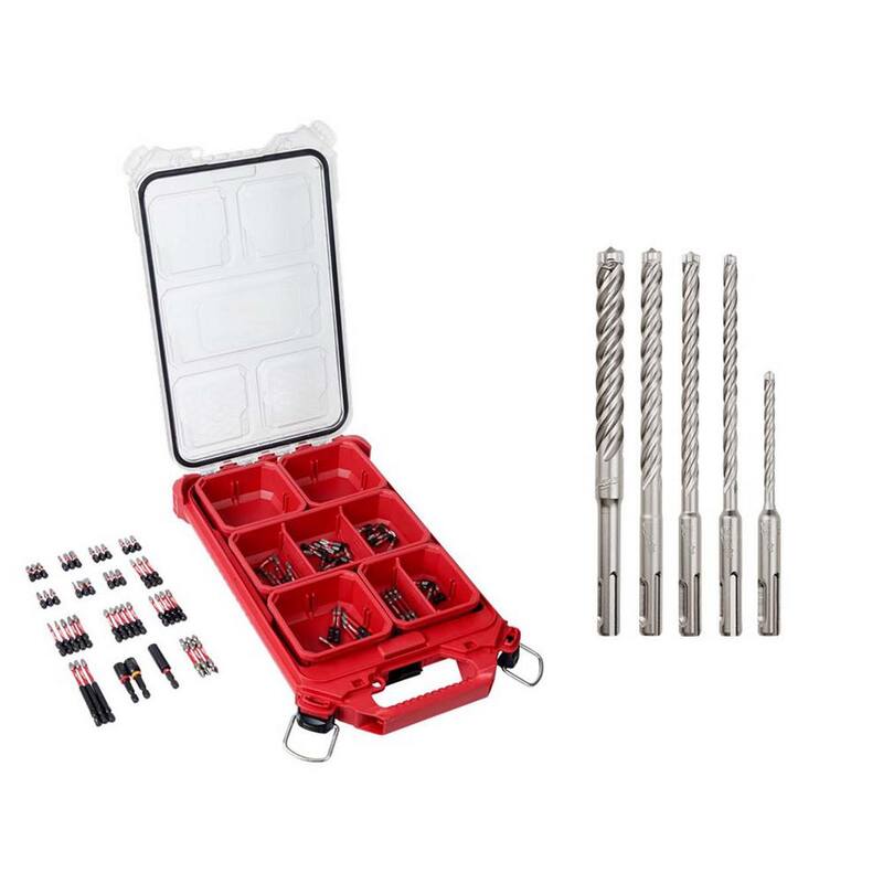 Juego de puntas de destornillador de impacto Milwaukee SHOCKWAVE con estuche PACKOUT y juego de brocas de martillo de carburo SDS-Plus de 4 cortes (105 piezas) - 48-32-4082-48-20-7498