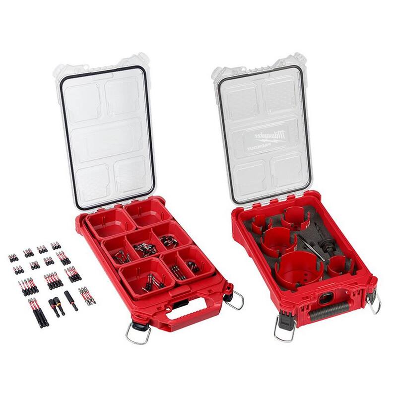 Juego de puntas para destornillador Milwaukee SHOCKWAVE con estuche PACKOUT y kit de sierra perforadora de carburo Big HAWG (109 piezas) - 48-32-4082-49-56-9295